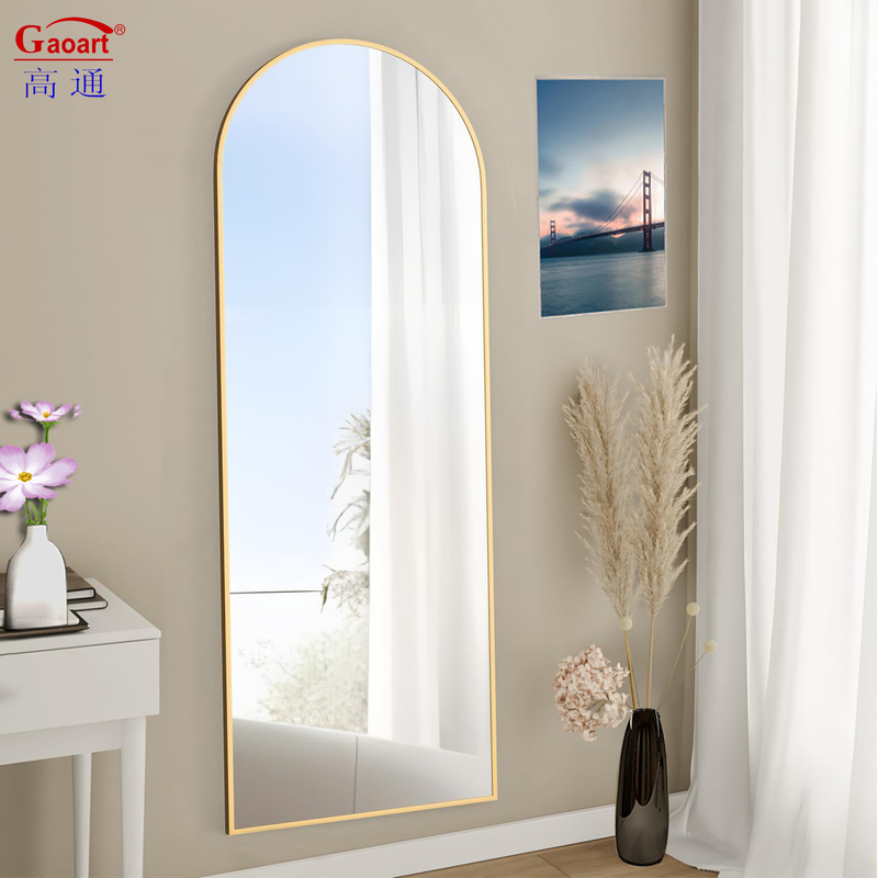 Contemporary Design Glass Mirror Standing Room with Full Length Antique Gold Arch Sticker